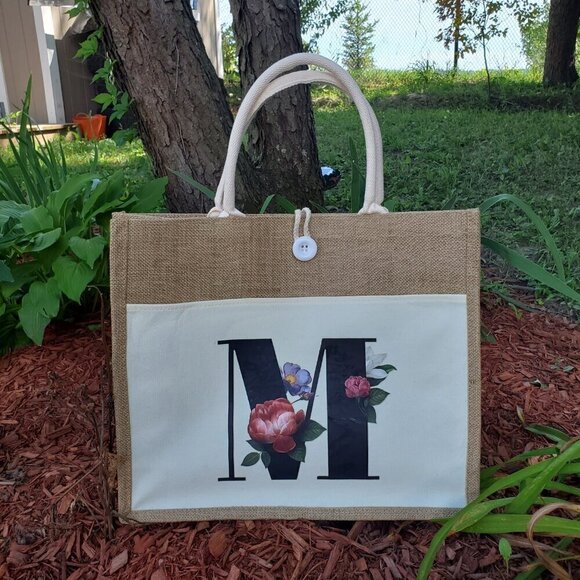Monogram 'M' Canvas Travel Tote Bag. Reusable - Grocery, Weekend, Beach Bag - Picture 14 of 16